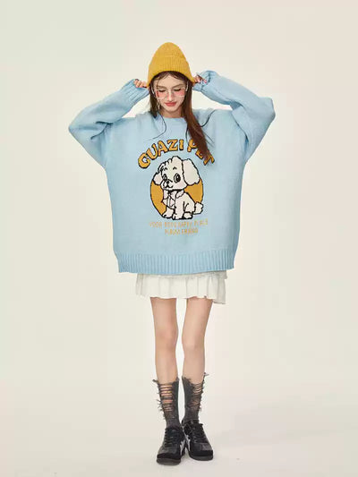 Cute Dog Blue Thick Loose Knitted Sweater GIF0068