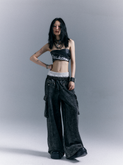 Street Punk Washed 3D Pocket Double Waist Wide Leg Sweatpants FRU0065