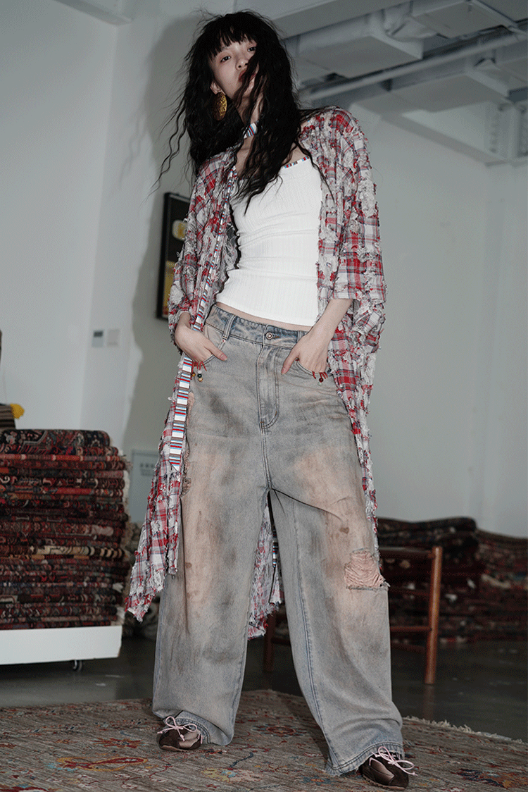 Ripped Floor-Mopping Wide-Leg Jeans BAD0017