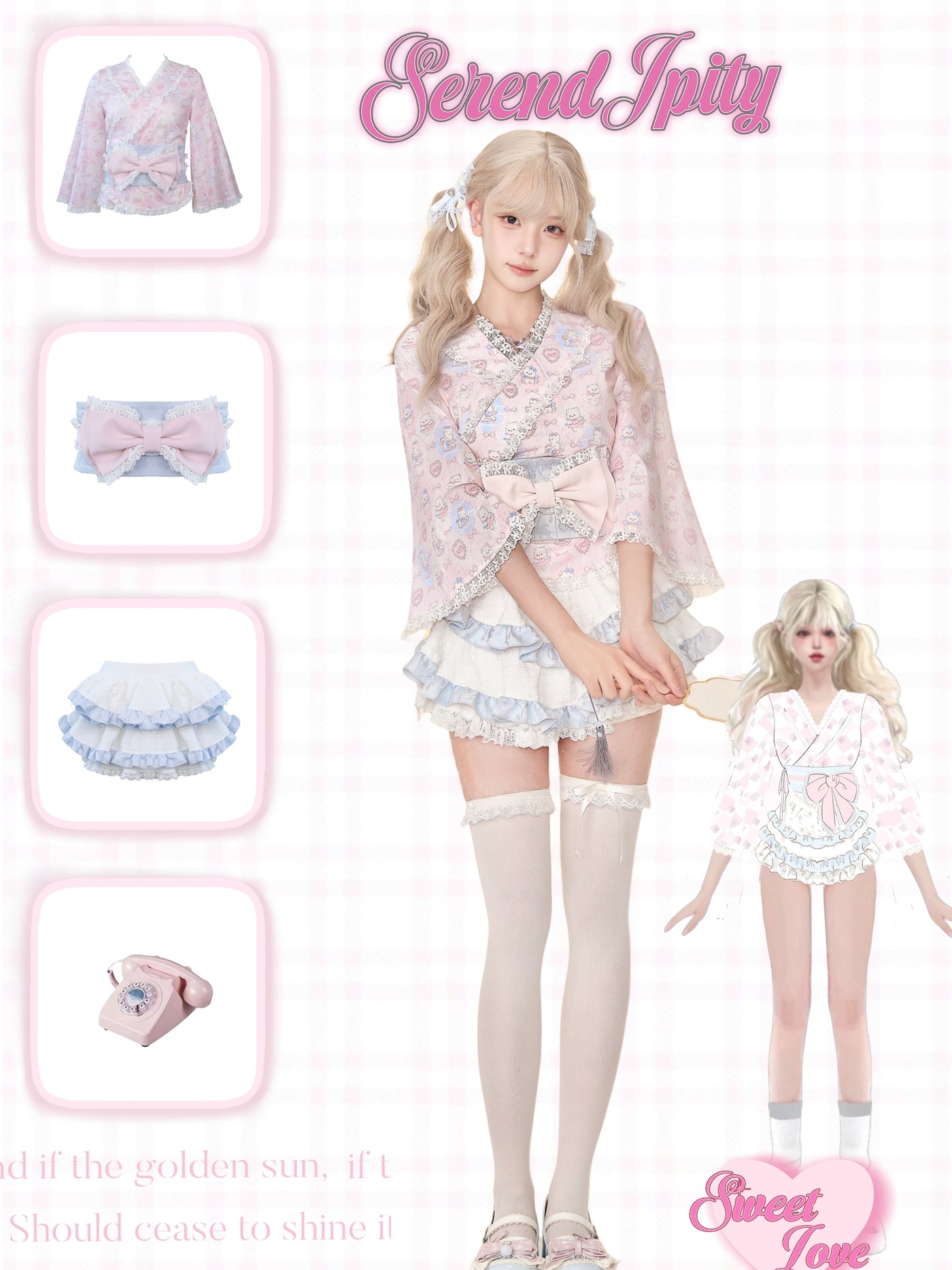 Kitten print pink happi style sweet top & lace ribbon belt & ruffle layered shorts SER0063