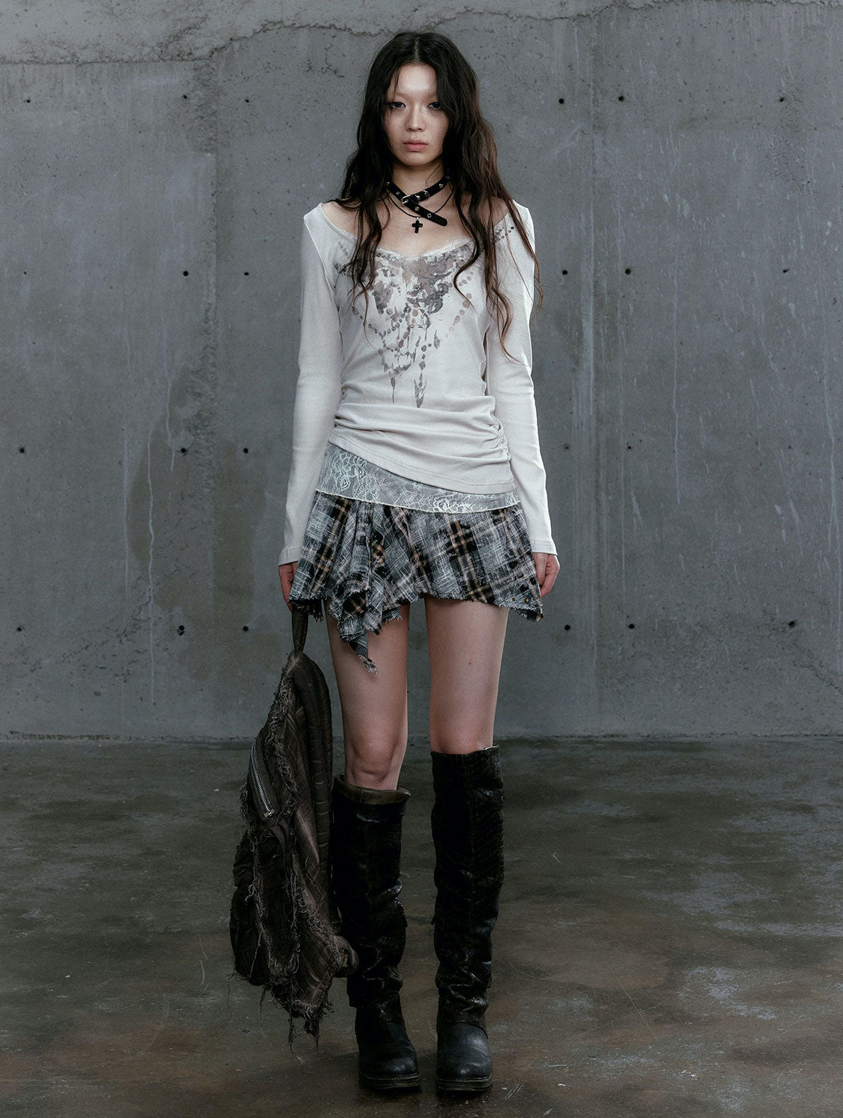 Multi-wear Printed Knitted Lace Splicing Plaid T-shirt/Skirt CES0090