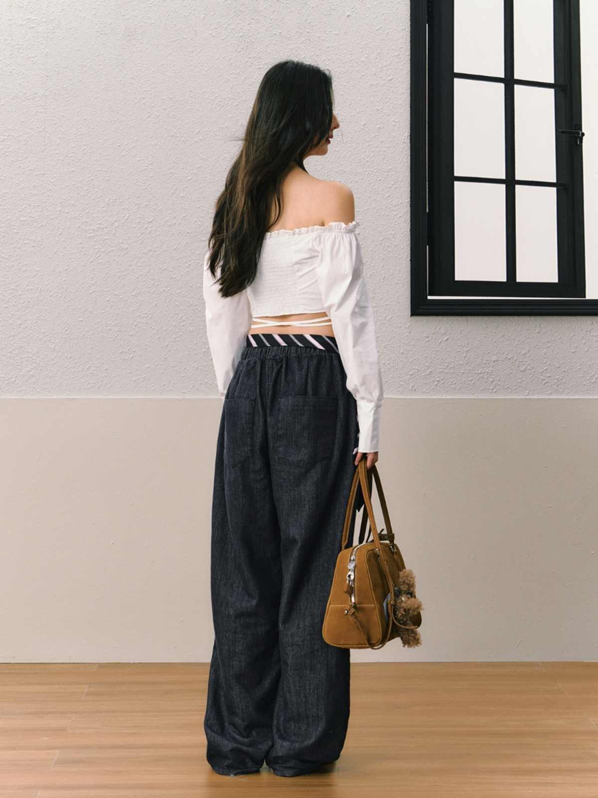 Dark Blue Wide Leg Relaxed Denim Style Pants SHI0076