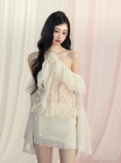 크림 퍼프 얇은 명주 그물 홀터 넥 드레스 DIA0437