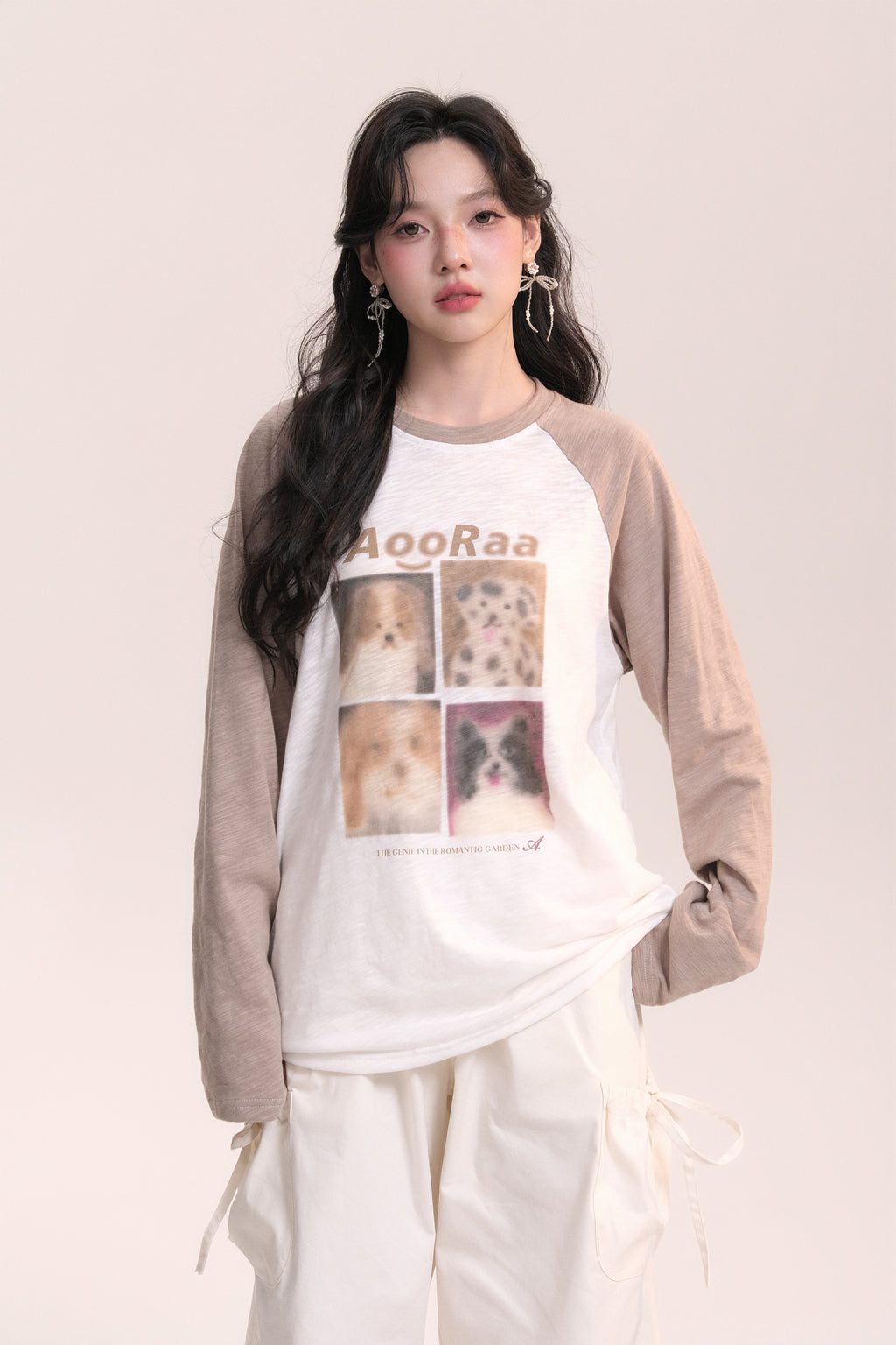 Dog Print Design Raglan Sleeve Long T-Shirt AOO0037