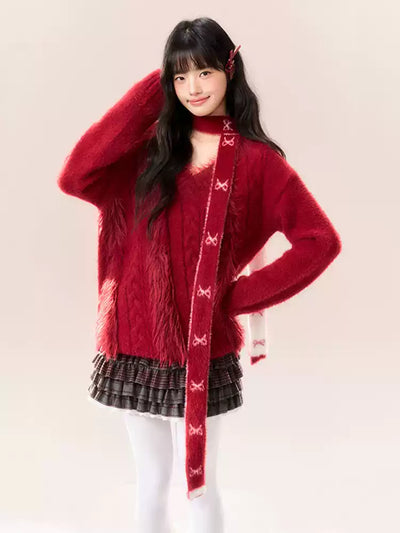 Red Bow Design V-Neck Cable Knit NTO0166