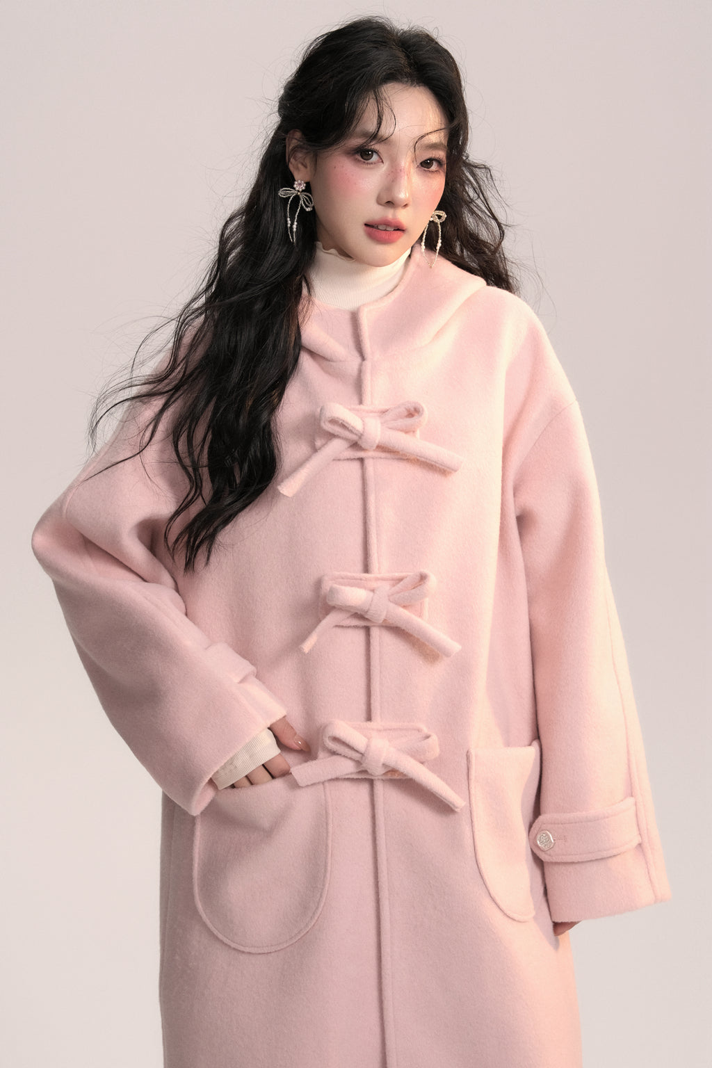 First Love Pink Bow Woolen Coat AOO0041