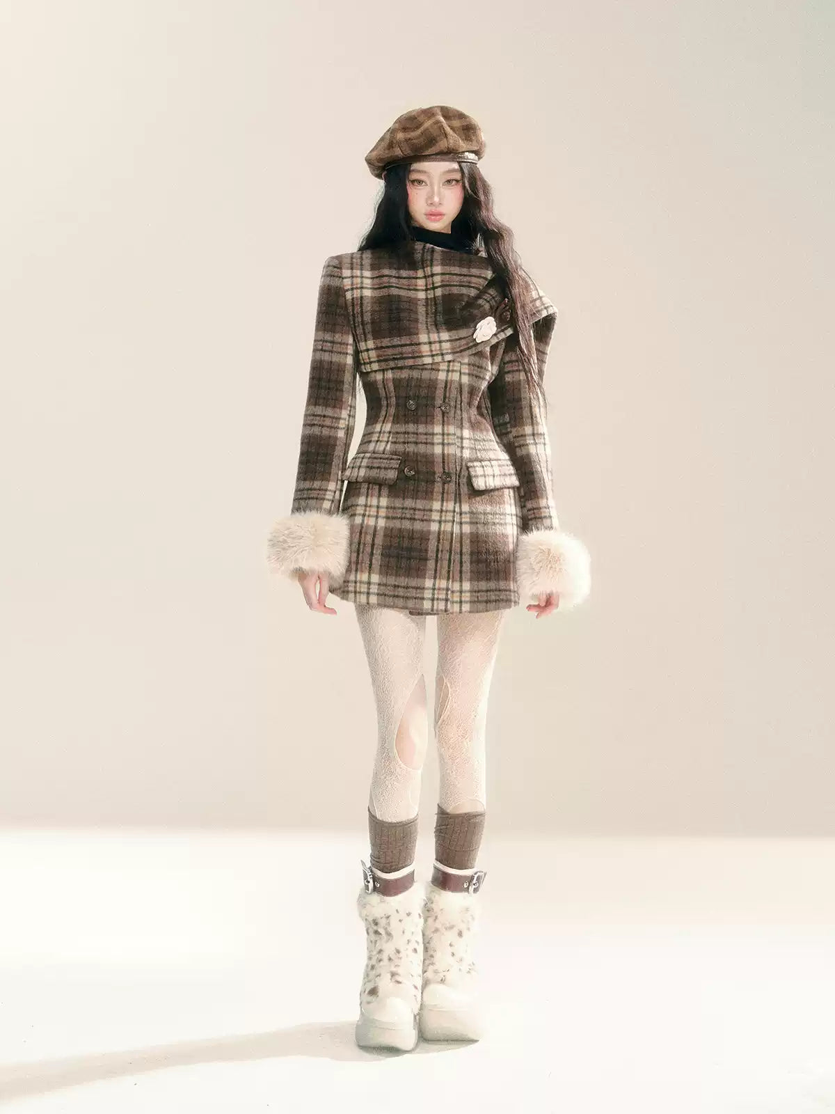 Plaid WoolenSlim Mid-Length Coat DIA0283