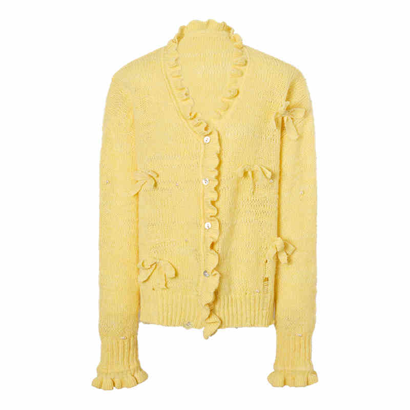 Soft knit ruffle cardigan with ribbon and pearl design LAC0229