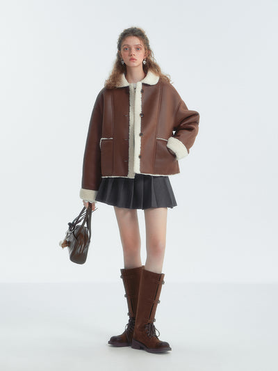 Brown Lapel Shearling Fur Short Jacket SOM0141