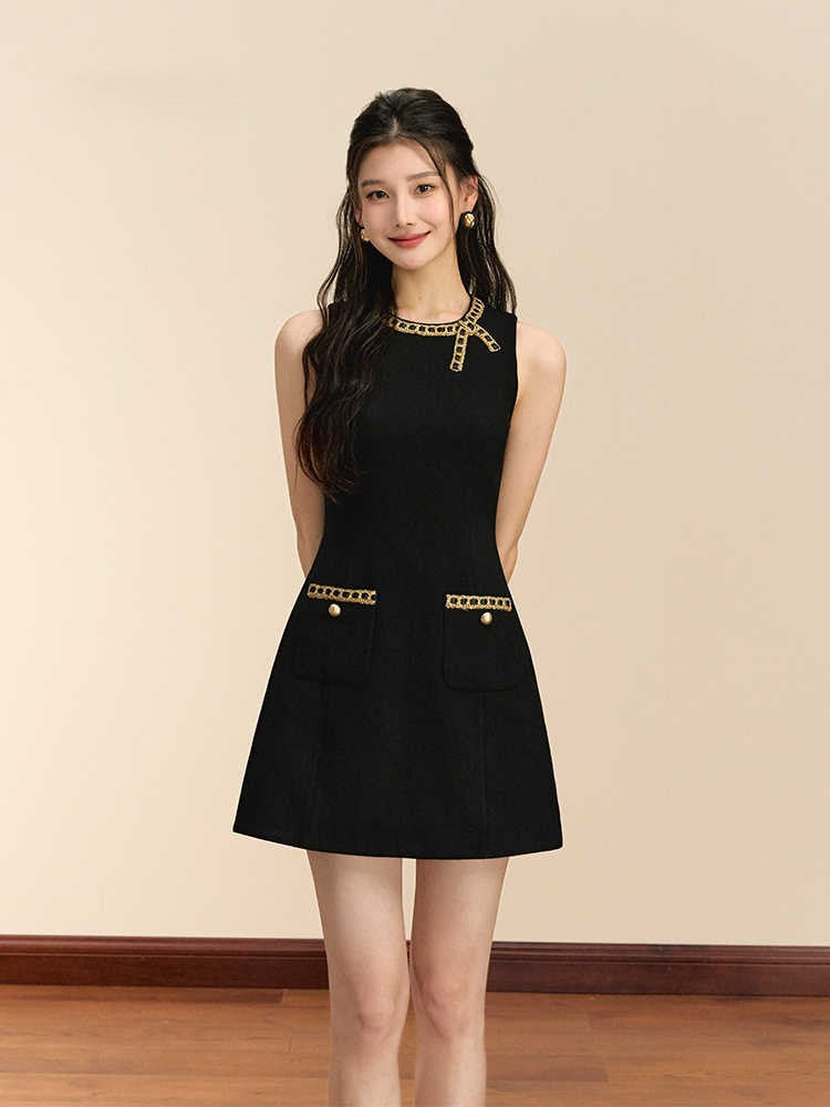 French Style Sleeveless Silk Slim Short Black Dress OSH0061