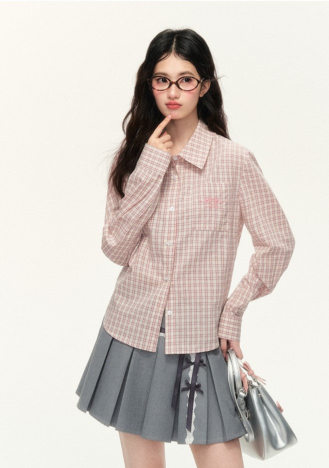 Multi-color Straight Shoulder Plaid Bow Embroidery Long-sleeved Shirt NTO0119