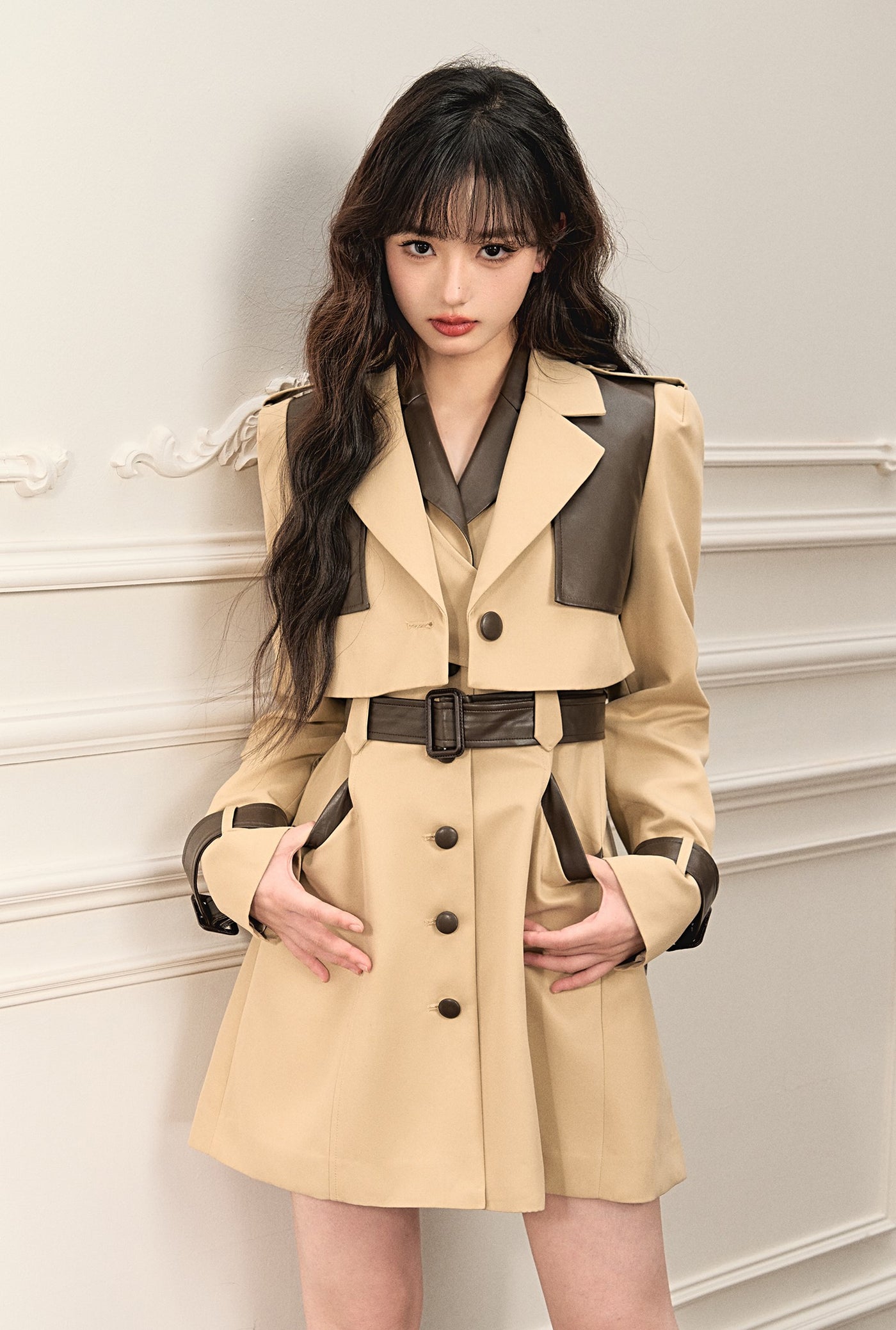 High-end Contrast Color Leather Trench Jacket/Dress OSH0063