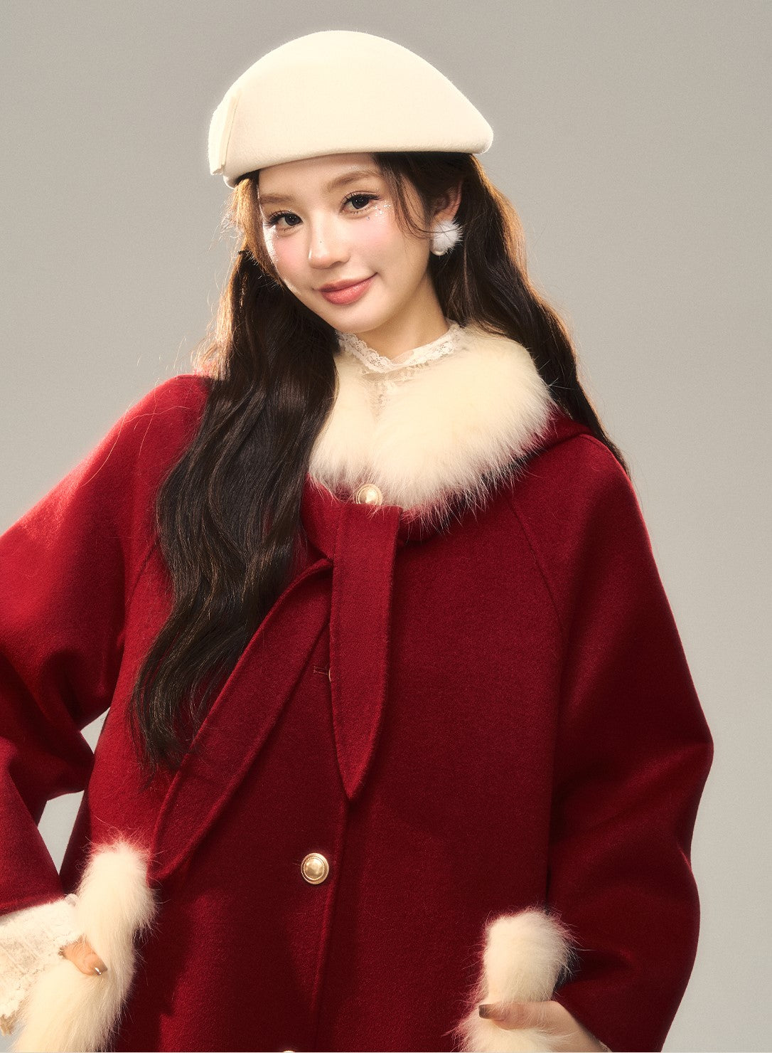 Hooded Burgundy Fur Wool Coat BBB0127