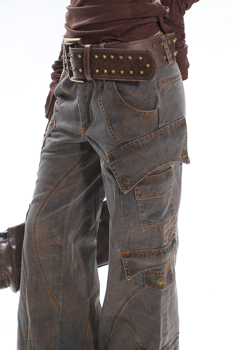 Retro Washed Brown Mopping Jeans UNC0230