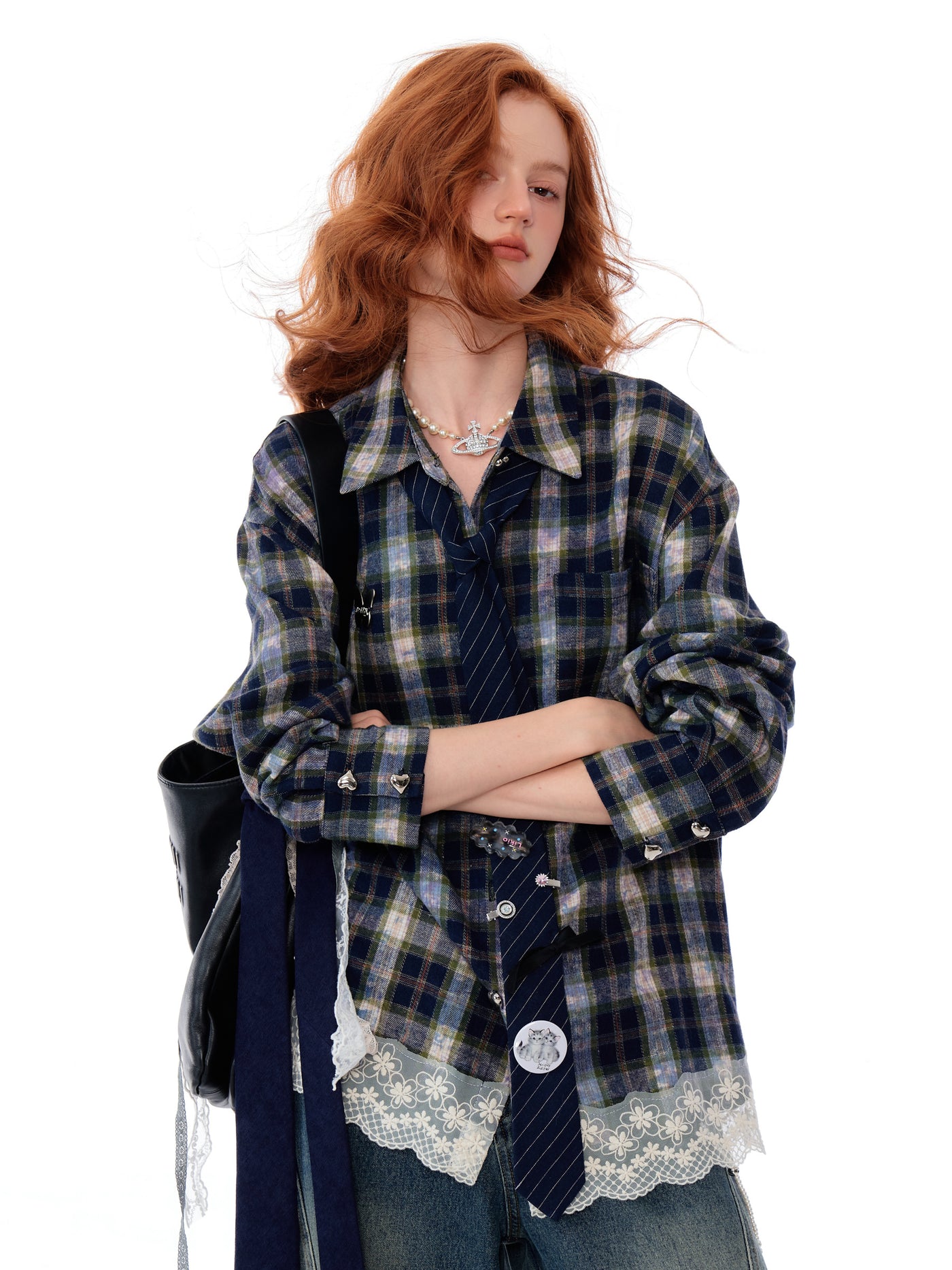 American Design Lace Splicing Plaid Loose Blue Plaid Shirt ZIZ0171