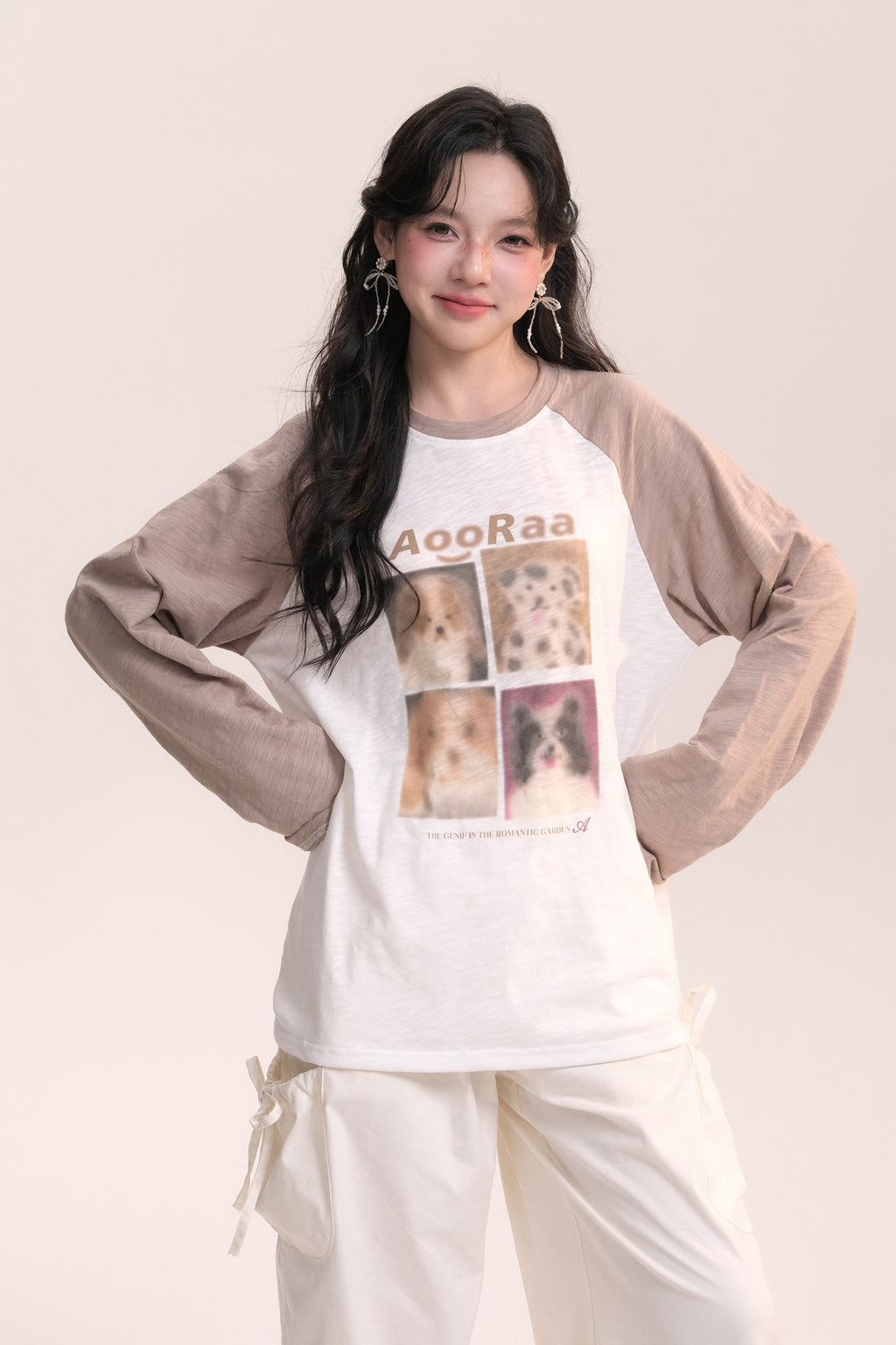 Dog Print Design Raglan Sleeve Long T-Shirt AOO0037