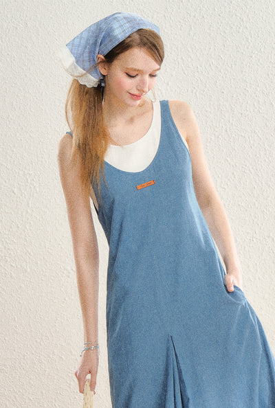 Center Pleats Design Denim Blue Long Dress SPE0061