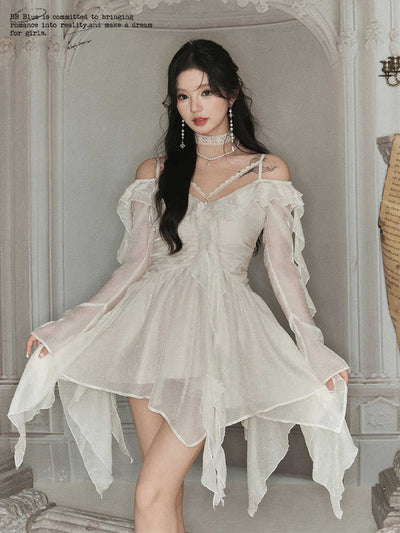 Ruffle design off-the-shoulder long-sleeved dress BBB0079