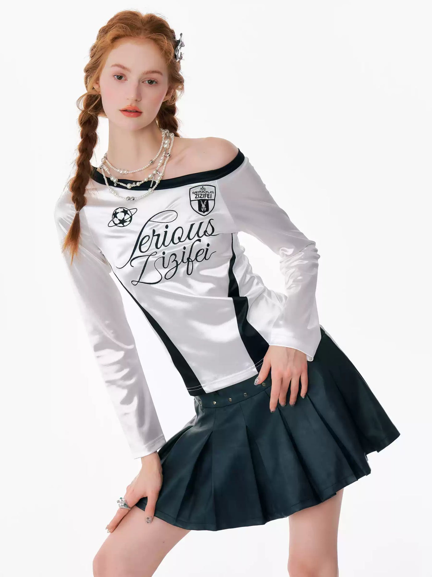 American Retro Sporty Design One-Shoulder Jersey Style Long-Sleeved Top ZIZ0154