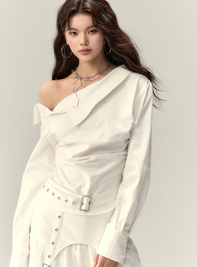 Off-shoulder Pleated Belt Short Shirt VIA0198