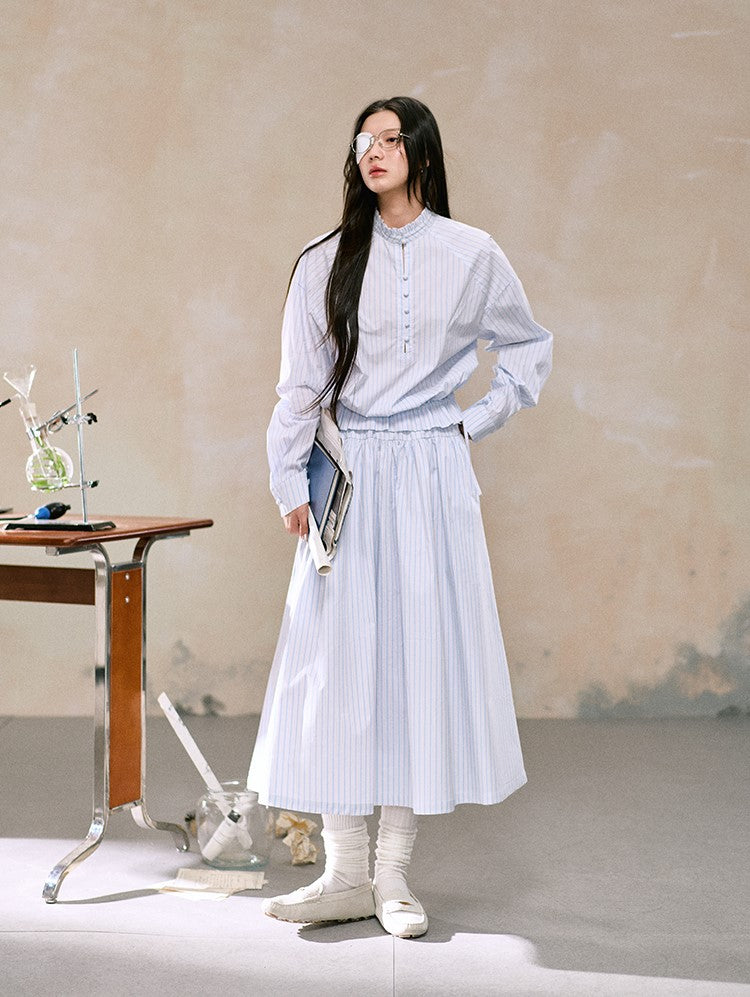 Round Neck Striped Shirt/Half-length Umbrella Skirt LAL0105