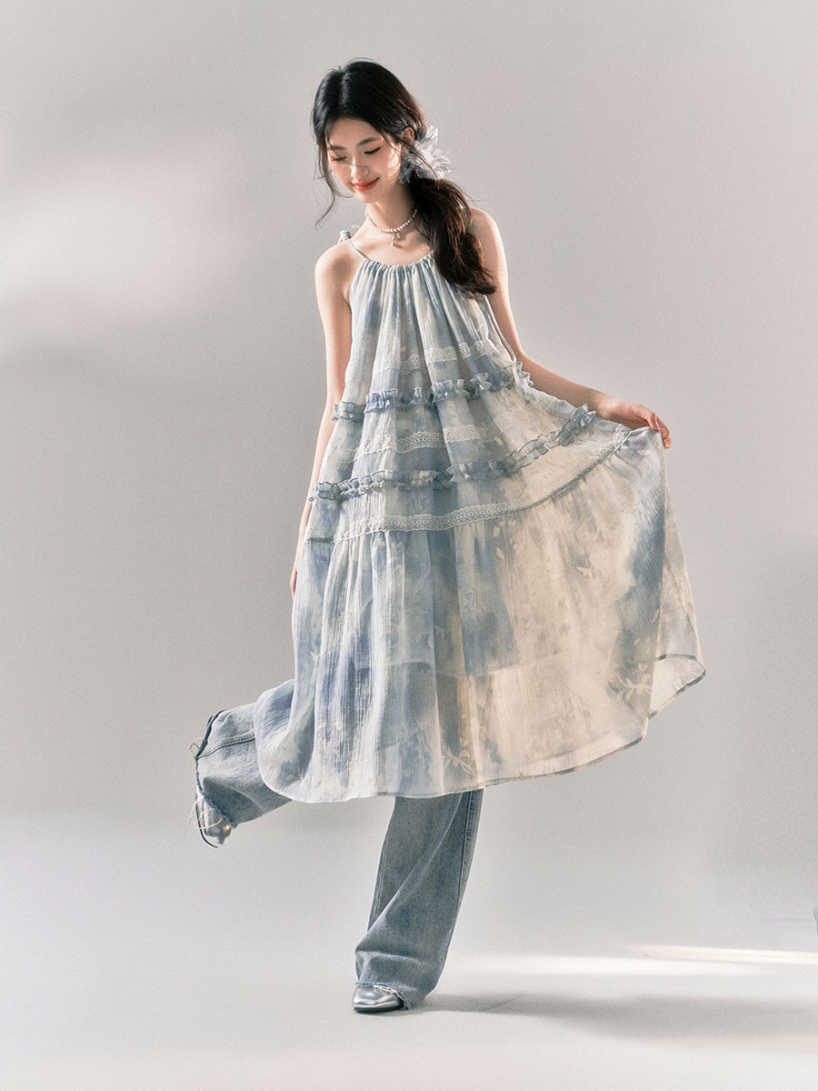 Botanical Print Lace Sheer Dress YOO0034