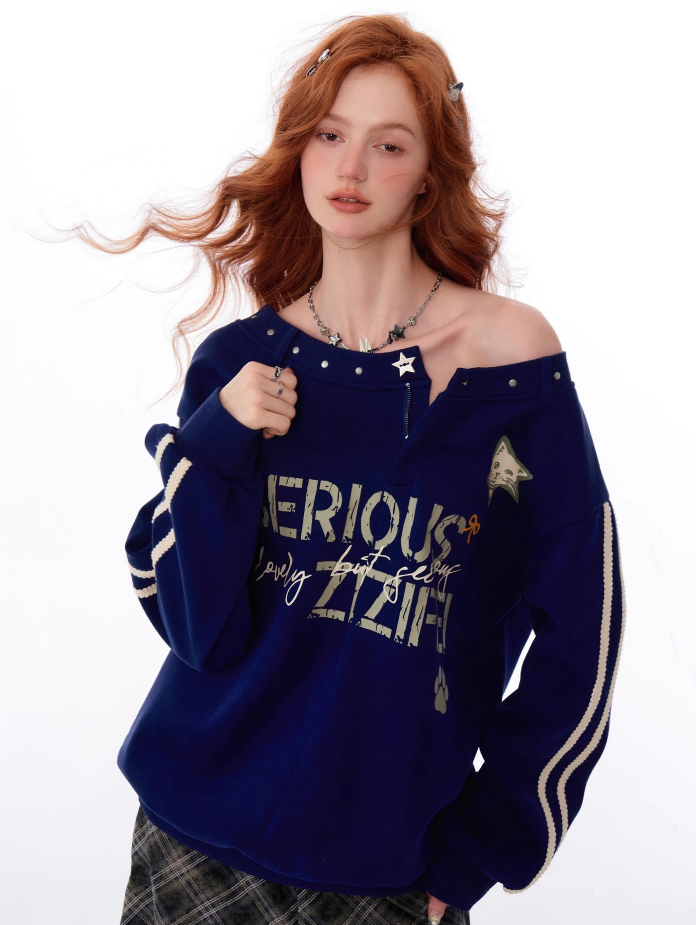 American Style One Shoulder Loose Letter Print Sweatshirt ZIZ0174