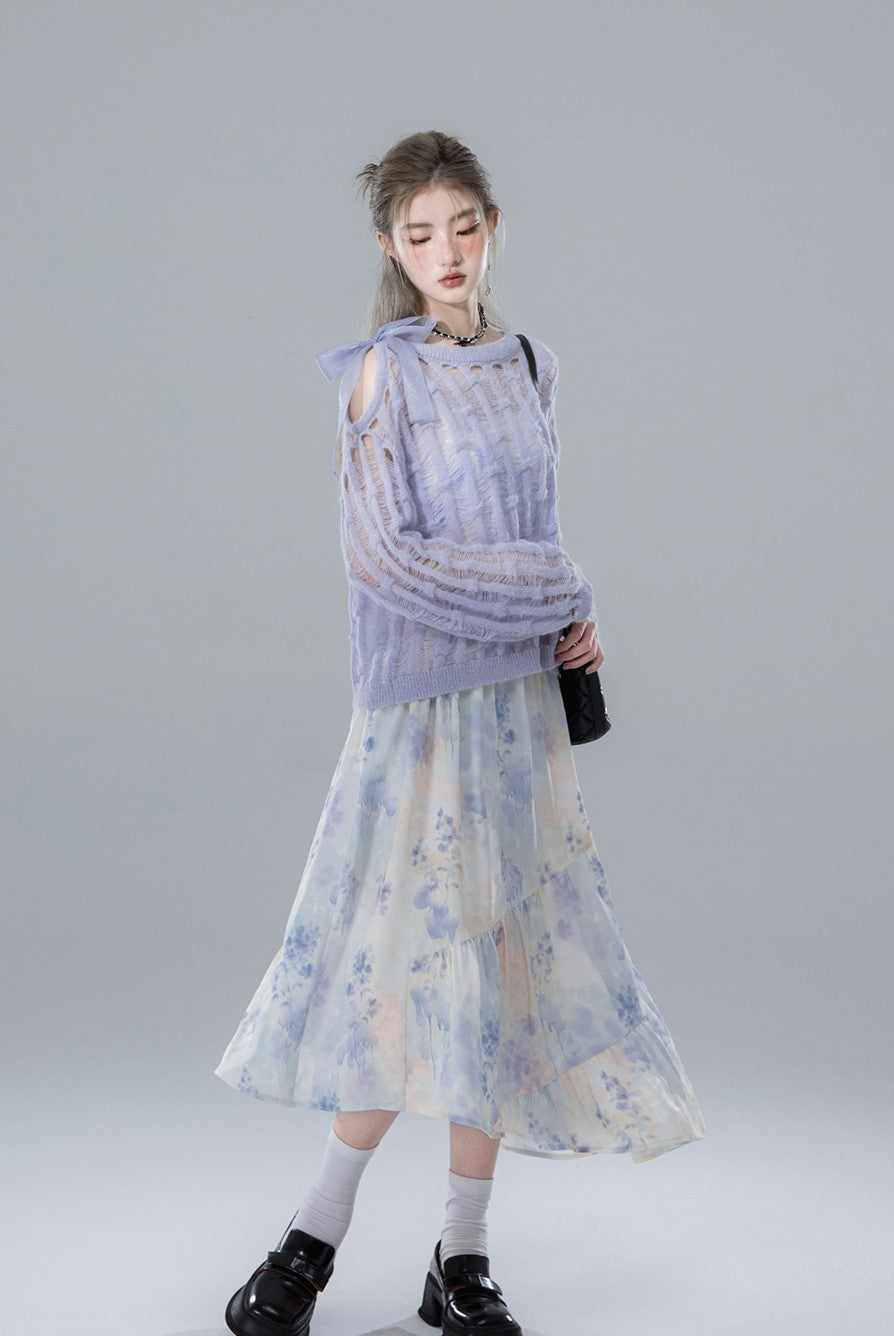 Watercolor Blue Flower Drape Print Suspender Dress COT0146