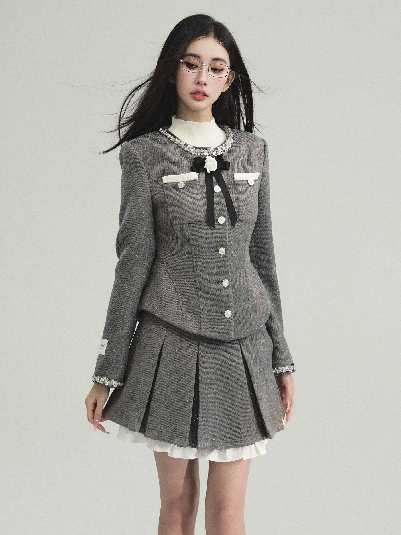 Sequined Round Collar Rose Motif Pocket Jacket & Layered College Style Pleated Skirt FRA0221