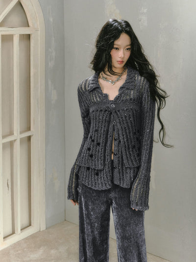 Lazy Style Hollow Two-piece Design Knitted Cardigan SAL0077