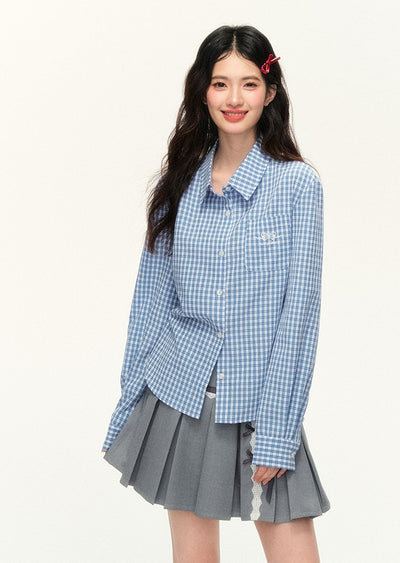 Multi-color Straight Shoulder Plaid Bow Embroidery Long-sleeved Shirt NTO0119