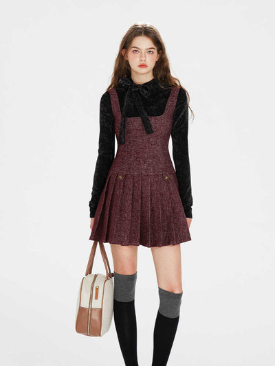 No Collar Wine Red Wool Button Jacket & Wool Pleated Jumperskirt BOH0071