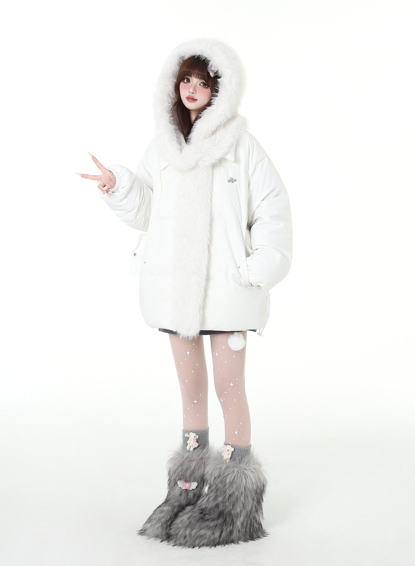 White thick down jacket with long fur hood CRA0099