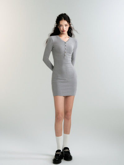 Henry Collar Long Sleeve Knit Slim Dress LUL0088