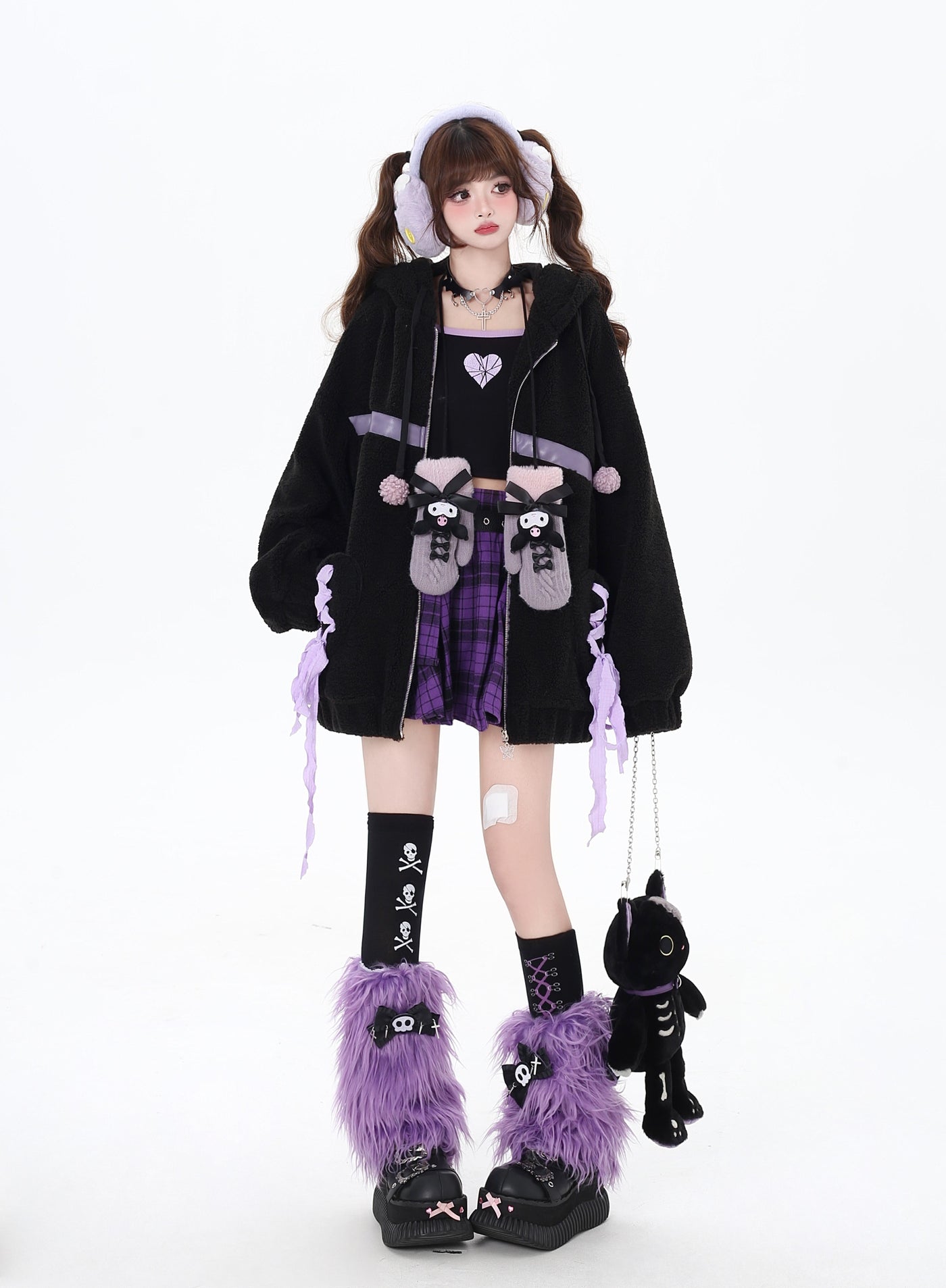 Purple ribbon design thick cotton loose jacket with bear ears hood CRA0089