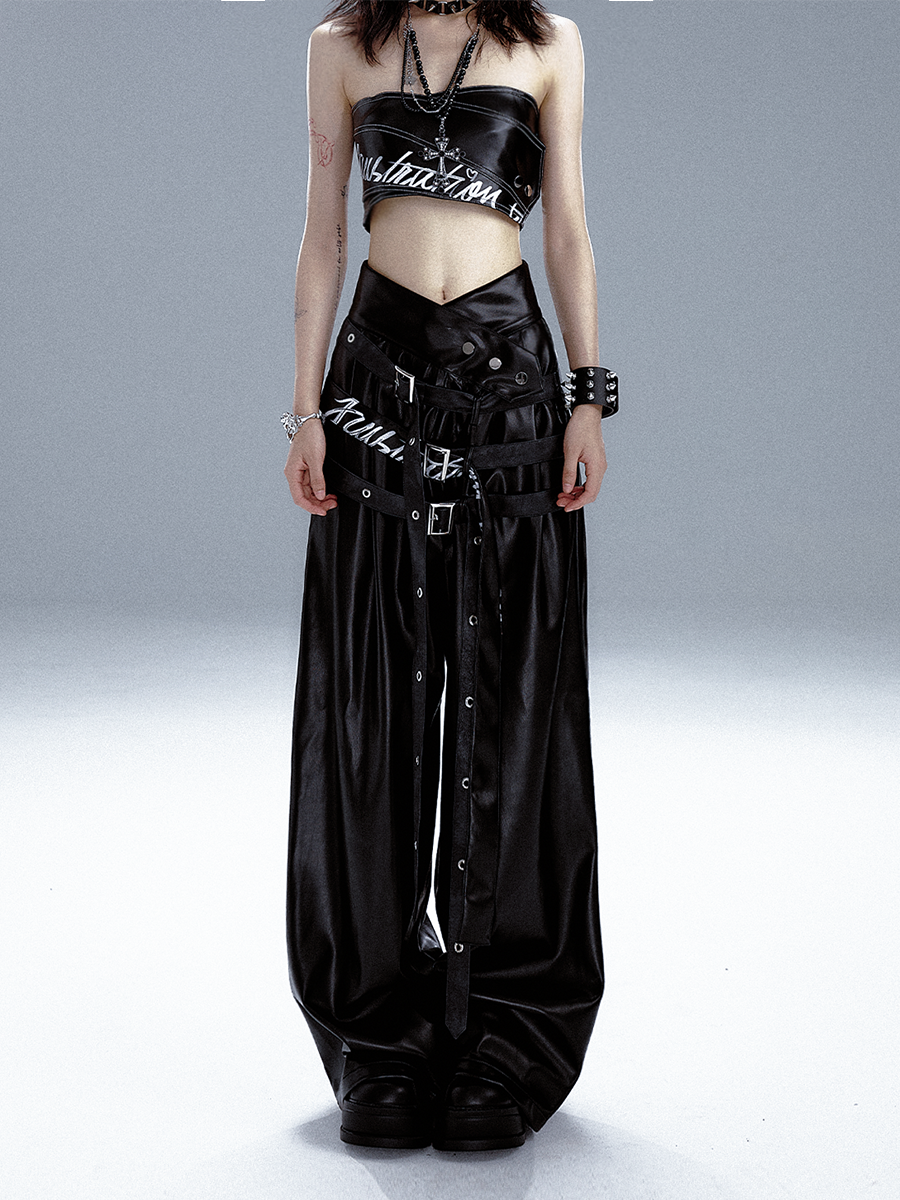 Punk Draped V-Shaped High Waist Graffiti Print Black Leather Belt Pants FRU0056