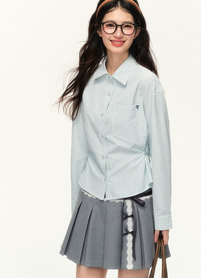 Literary Multi-color Plaid Short Lapel Embroidered Shirt NTO0118