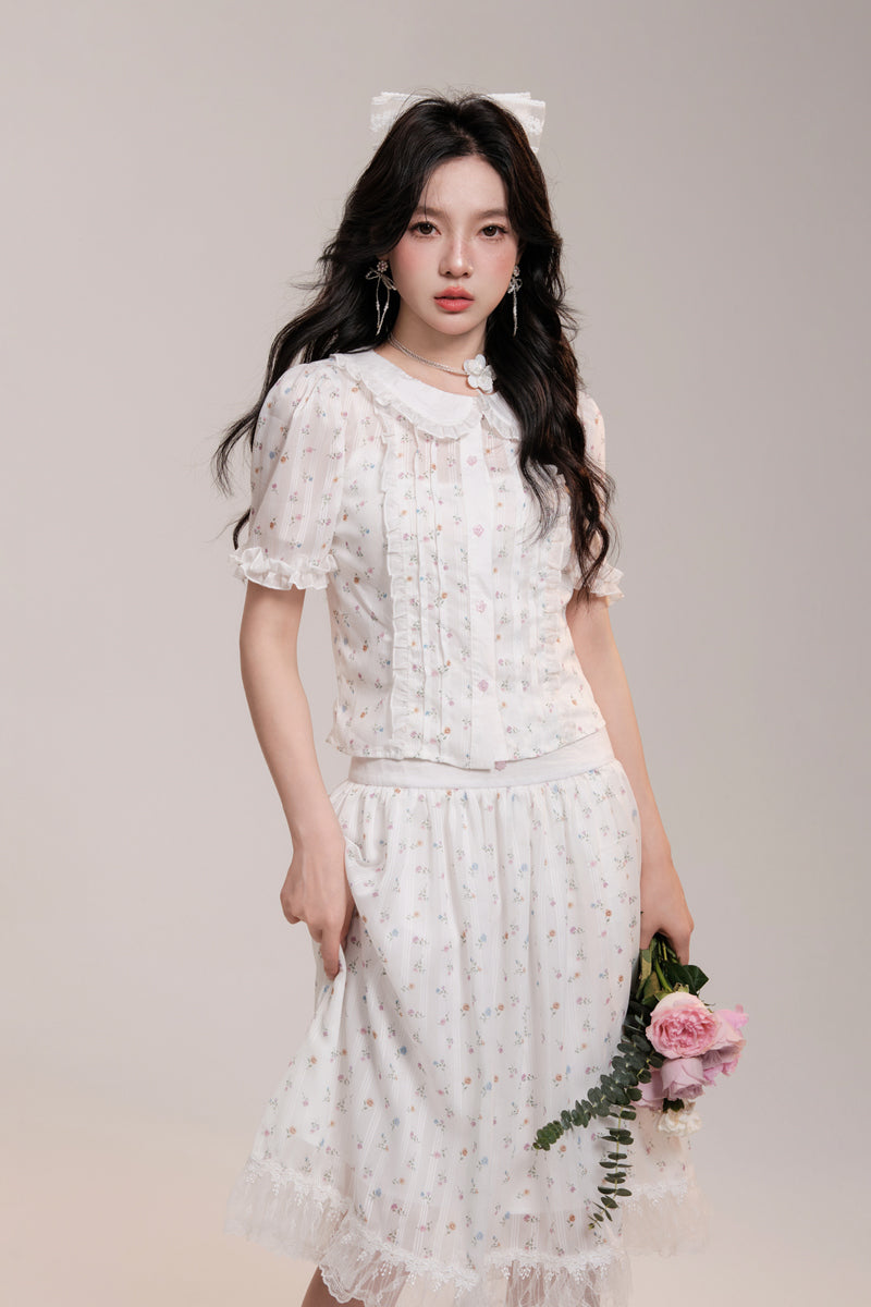 Floral Pattern Frilled Collar Girly Short-Sleeved Blouse & Lace Hem Knee-Length Skirt AOO0032