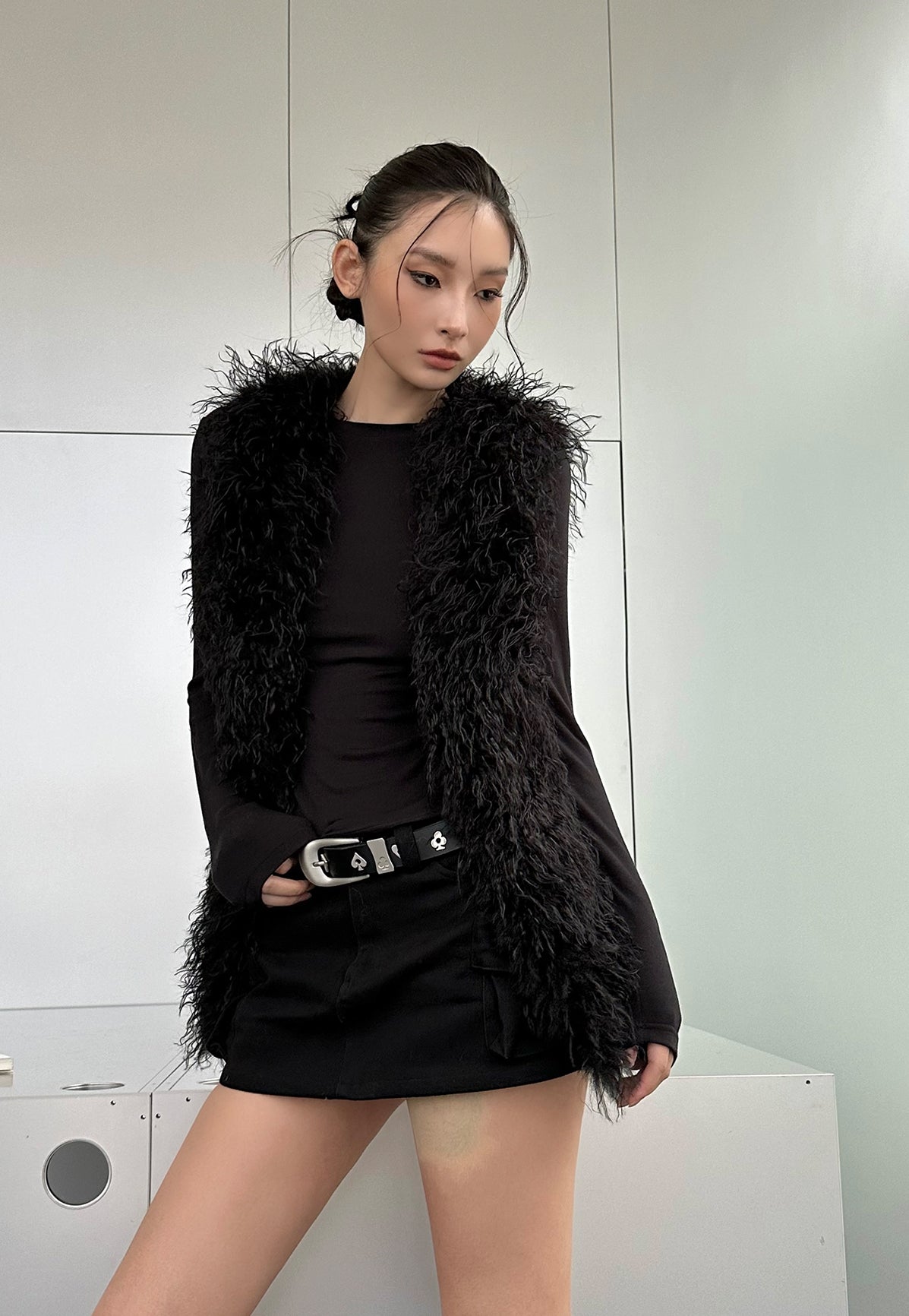 Black Environmentally Friendly Leather Fur Vest Jacket IAM0078