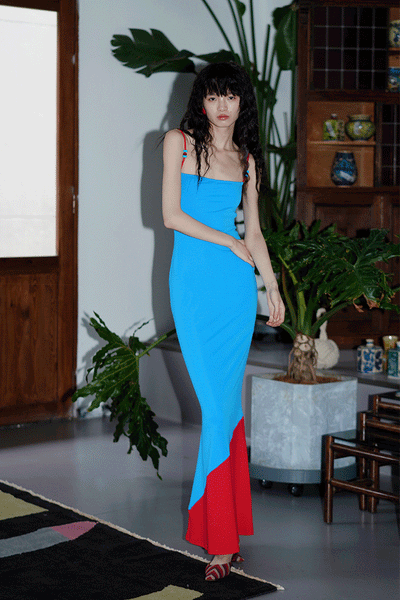 Solid Color Splicing Design Slim Long Suspender Dress BAD0031