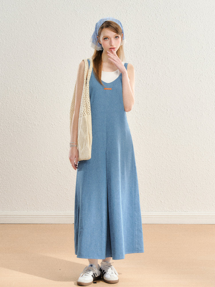 Center Pleats Design Denim Blue Long Dress SPE0061