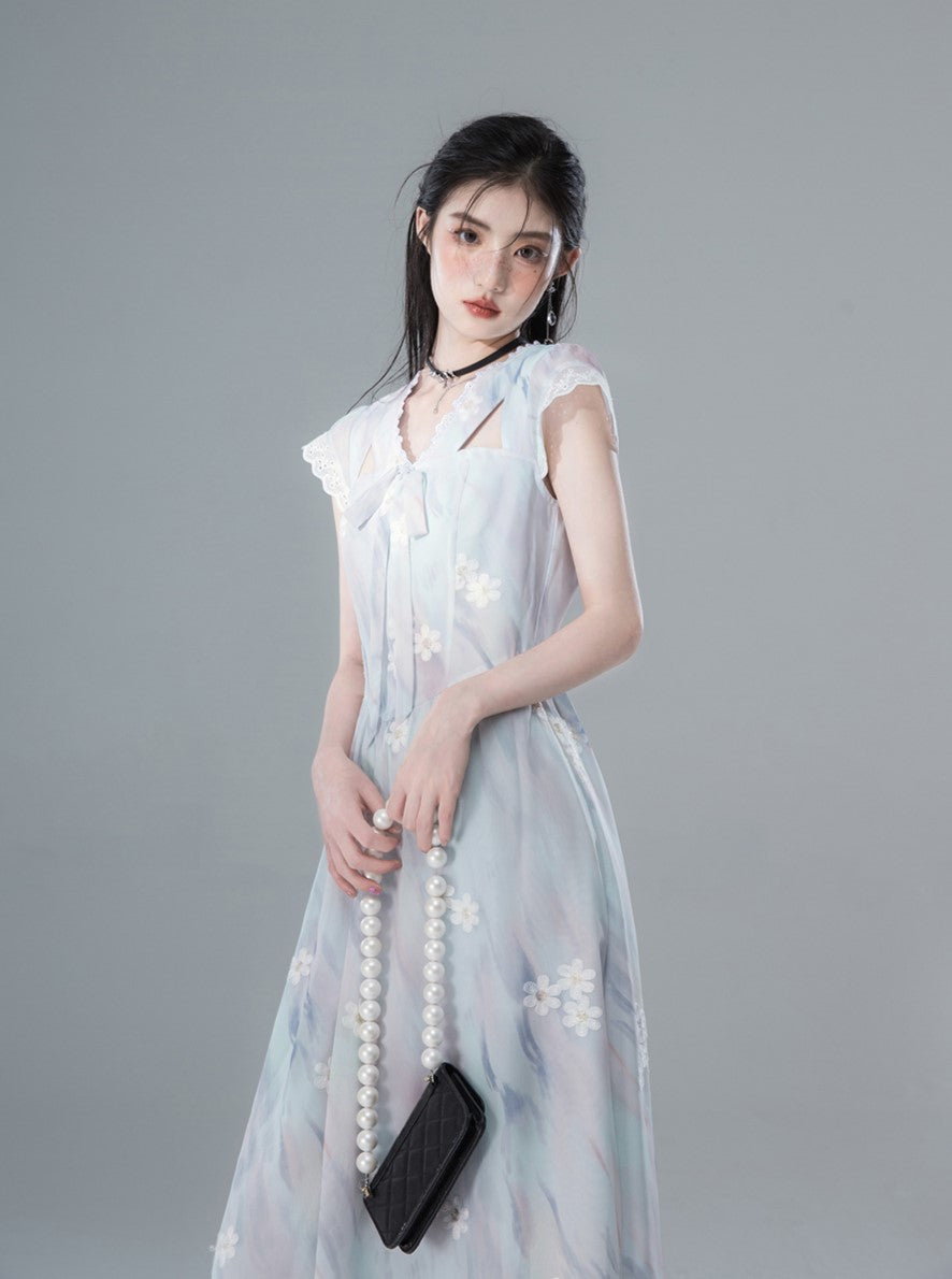 Blue Clear Hollow Romantic Embroidery Dress COT0140