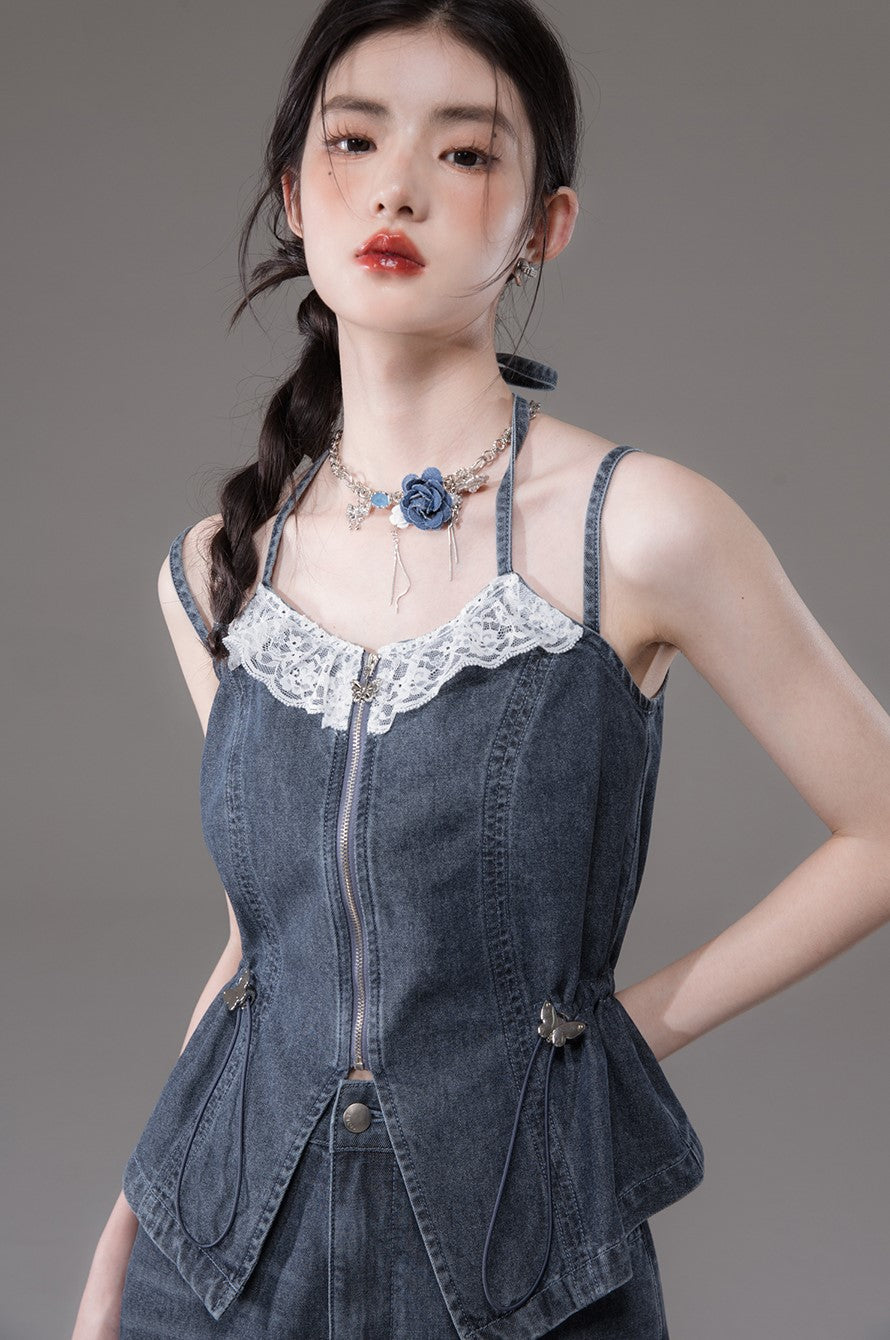 Blue Double Sling V-neck Lace Waist Slimming Denim Camisole/Jeans COT0130