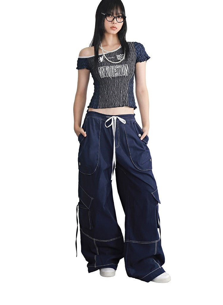 Blue Drawstring Split Pocket Structure Loose Workwear Casual Pants ANY0069