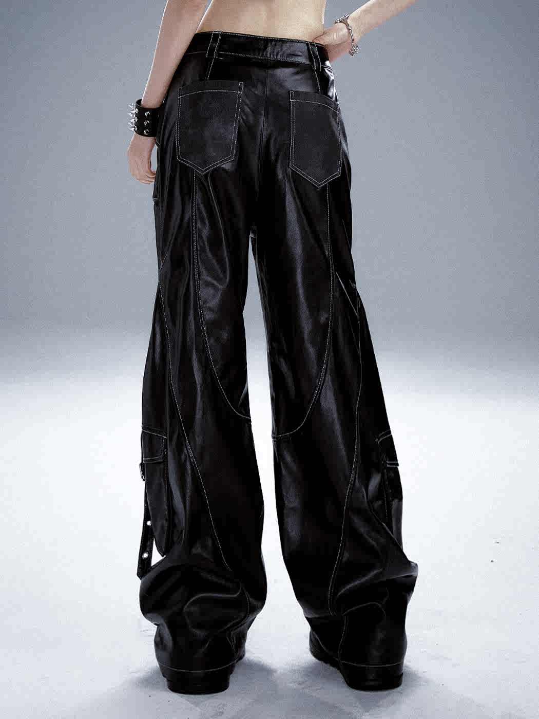 Metal Decoration Punk Street Straight Leather Draped Pants FRU0057