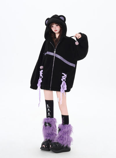 Purple ribbon design thick cotton loose jacket with bear ears hood CRA0089