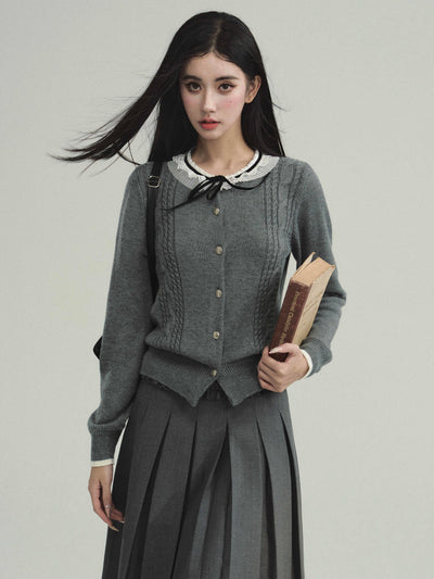 College Style Lace Ribbon Collar Cable Knit Cardigan FRA0218