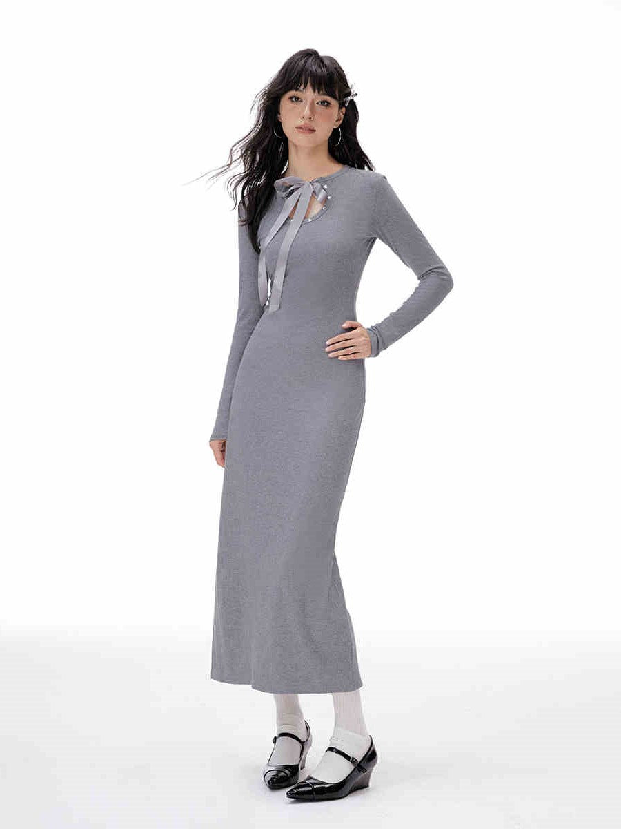 Tie Neckline Waist Slimming Split Fleece Long Knitted Dress IMO0063