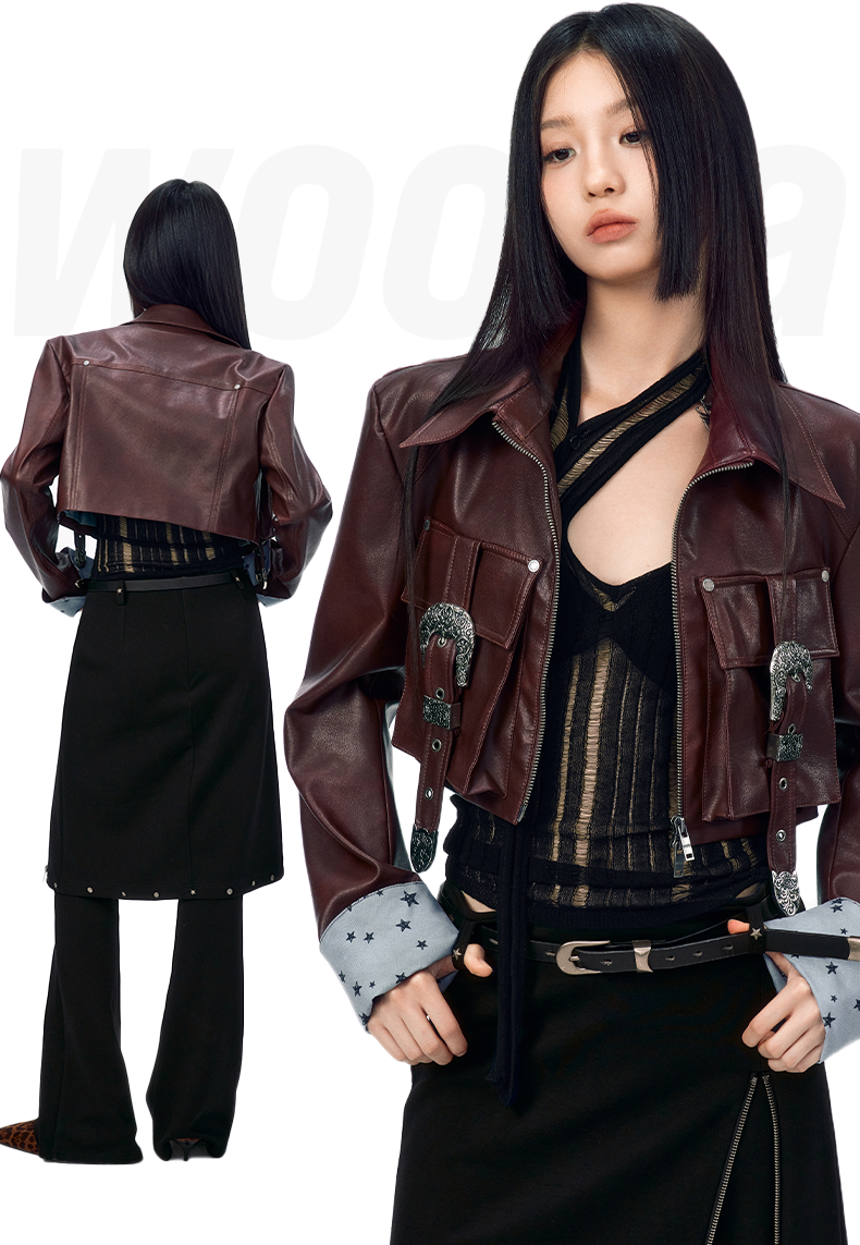 Short length leather motorcycle jacket with belt pocket design WOO0114