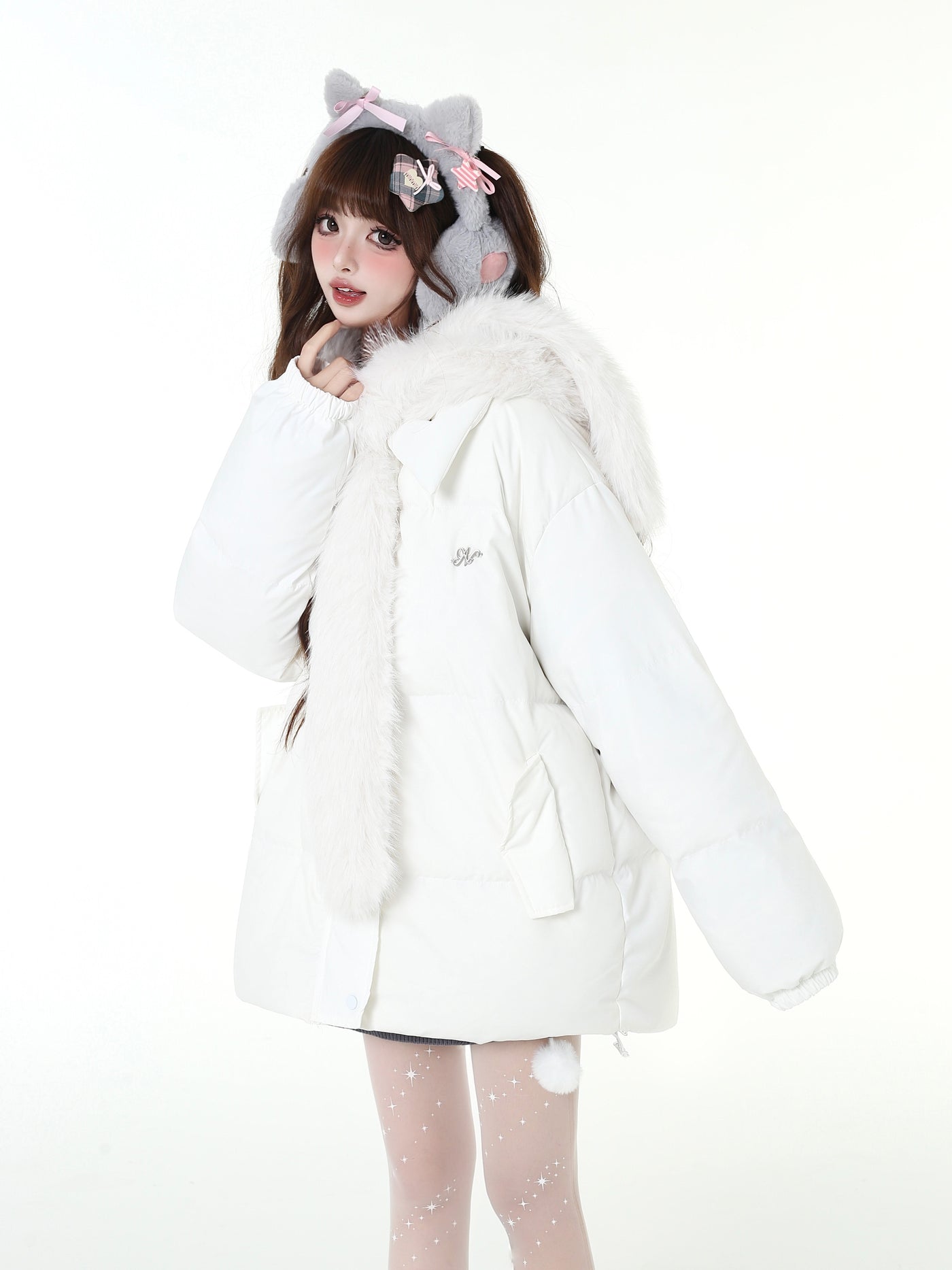 White thick down jacket with long fur hood CRA0099